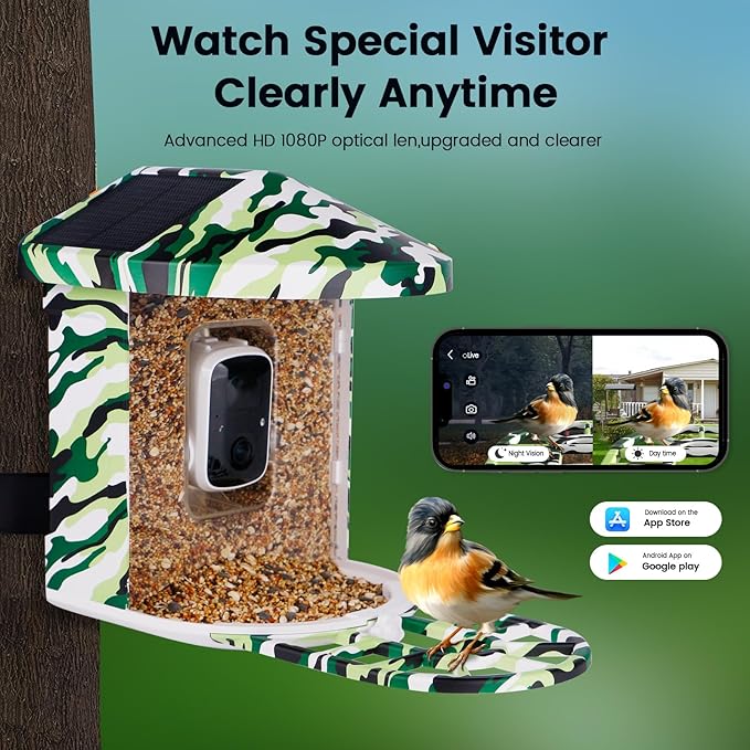 Luvan Bird Feeder with Camera, 1080 HD AI Identify Birds Species, Smart Solar-Powered, Auto Capture Birds& Motion Detection for Watching