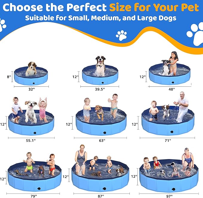 97" x 12" Foldable Dog Pool - Collapsible Hard Plastic Kiddie Pool for Dogs & Kids, Non-Slip Pet Bath Tub for Outdoor Backyard Use, Lightweight & Portable (Blue)