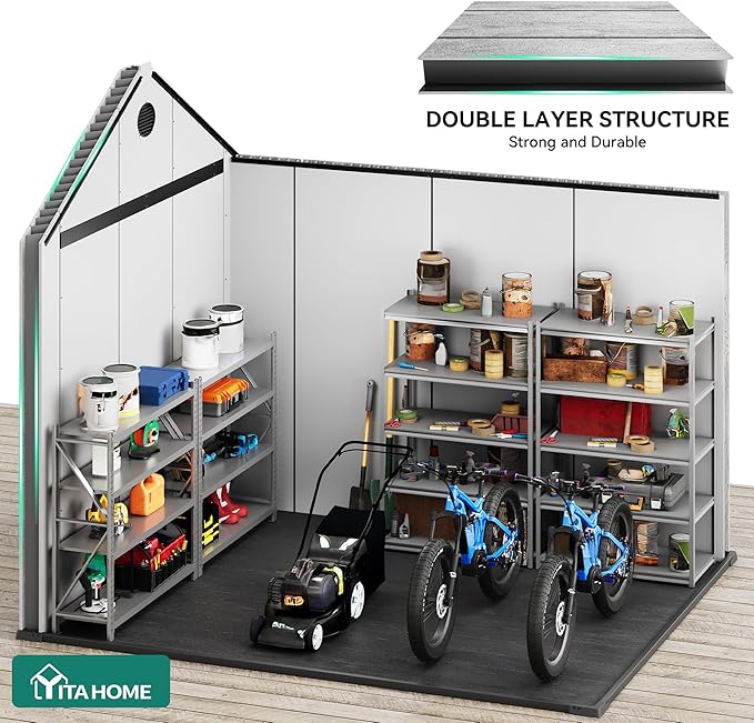 YITAHOME 8x10 FT Outdoor Storage Shed with Floor, Plastic Garden Shed for Bikes, Tools, Supplies, Waterproof Resin Shed with Lockable Doors, 2 Windows & 2 Vents for Patio, Backyard, 556 cu. Ft., Gray