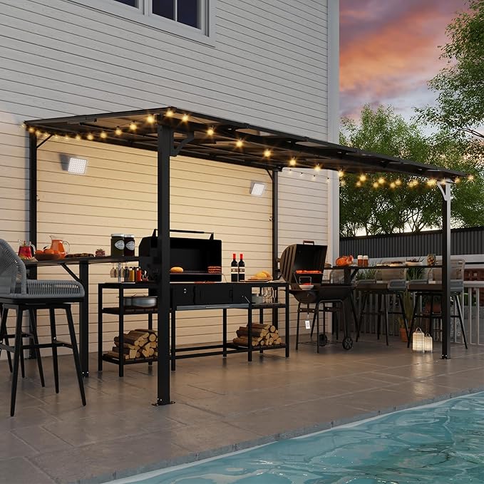 MEISSALIVVE 10' x 12' Wall Mounted Gazebo, Outdoor BBQ Grill Gazebo with Side Shelf, Lean to Metal Awnings with Sloped Roof, Heavy Duty Pergola for Backyard, Deck, Black