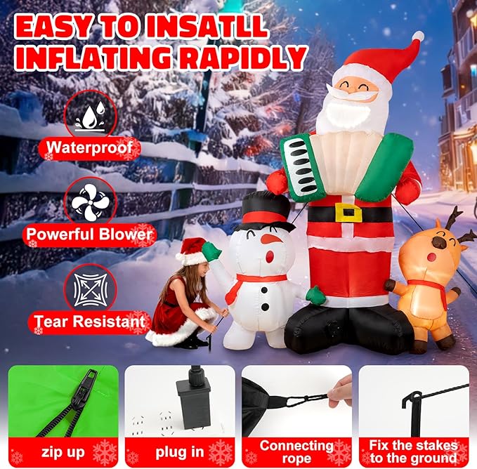8ft Christmas Inflatable Outdoor Decorations, Blow up Yard Decor with Santa Claus Plays The Accordion and Sings with The Snowman and The Elk, Bright LED Lights Christmas Outdoor Decorations