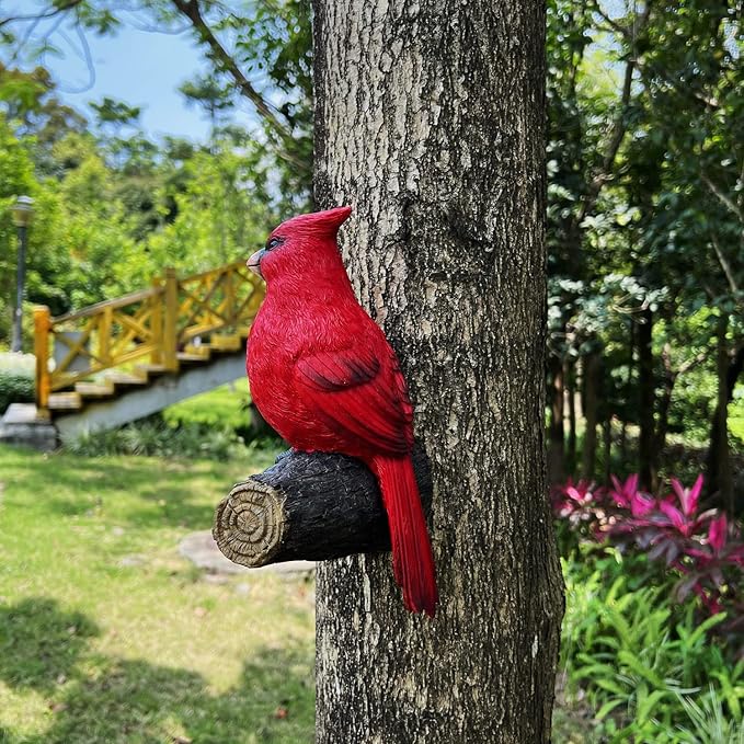 Tree Hugger Cardinal, Large Red Bird Garden Statue, Resin Figurine Hanging Tree Face Sculpture Yard Ornament
