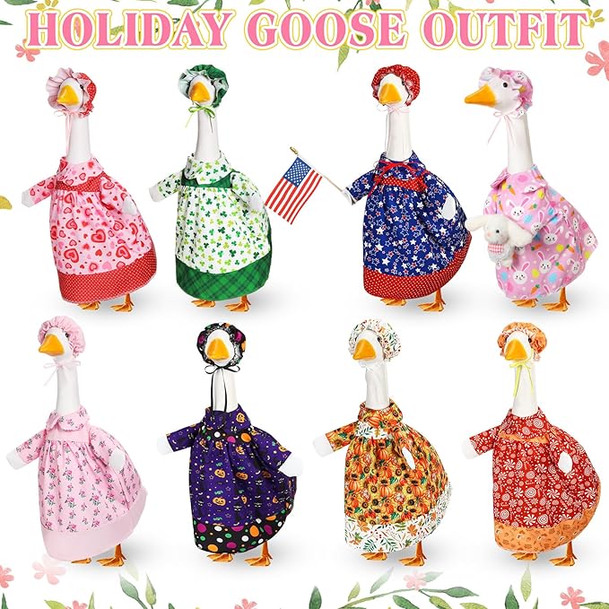 8 Set Seasonal Holiday Goose Outfits Fall Halloween Christmas Summer All Seasons Lawn Porch Goose Clothes Costume for 23" Cement Statue Garden Patio Outdoor Decoration(Girl Style)