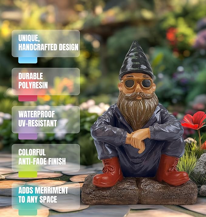 Better Office Products Garden Gnome Statue, 8" Height, Handcrafted Waterproof, UV-Resistant Polyresin Lawn Patio Porch Ornament Decoration (Modern Hipster)