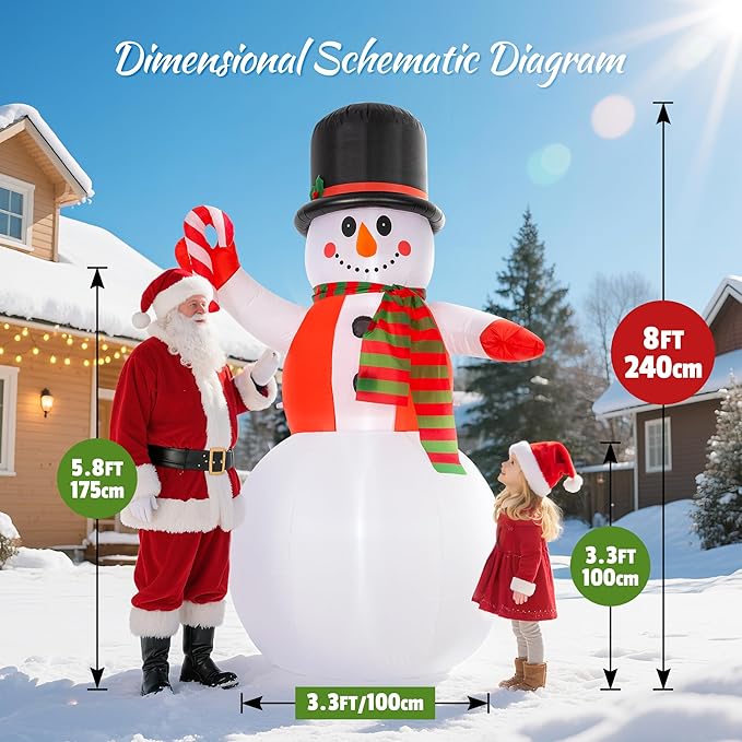 8 FT Christmas Inflatable Snowman Outdoor Decoration, Giant Christmas Blow Up Outdoor Decor Waterproof with Built-in Bright LED Lights for Yard Garden Patio Lawn