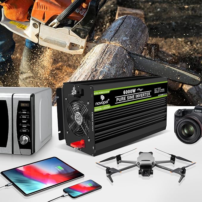 NOVOPAL 6000 Watt Pure Sine Wave Power Inverter DC 24V to AC 110V 120V Rv Inverters with 1 USB Port-16 feet Remote Control, LCD Display for Truck, Hurricane, Home