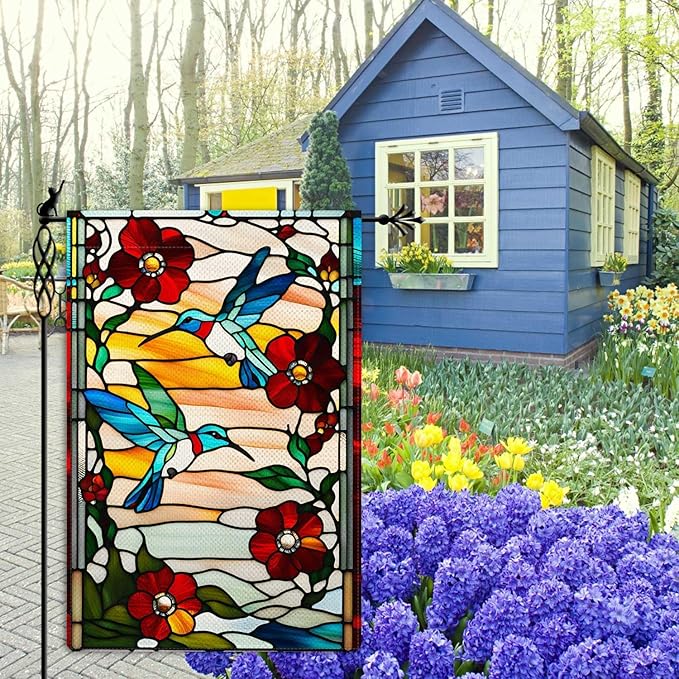 Spring Summer Hummingbird Garden Flag Glass Style Vertical Double Sided Rustic Farmland Burlap Yard Lawn Outdoor Decor 12.5x18"