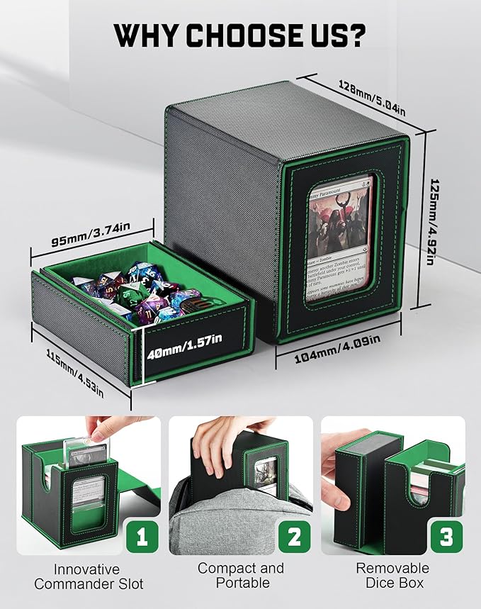 ZLCA MTG Commander Deck Box with Display Window, Deck Box Holds 100 Double-Sleeved with Dice Tray & 35pt Magnetic Card Holder（Black& Green）
