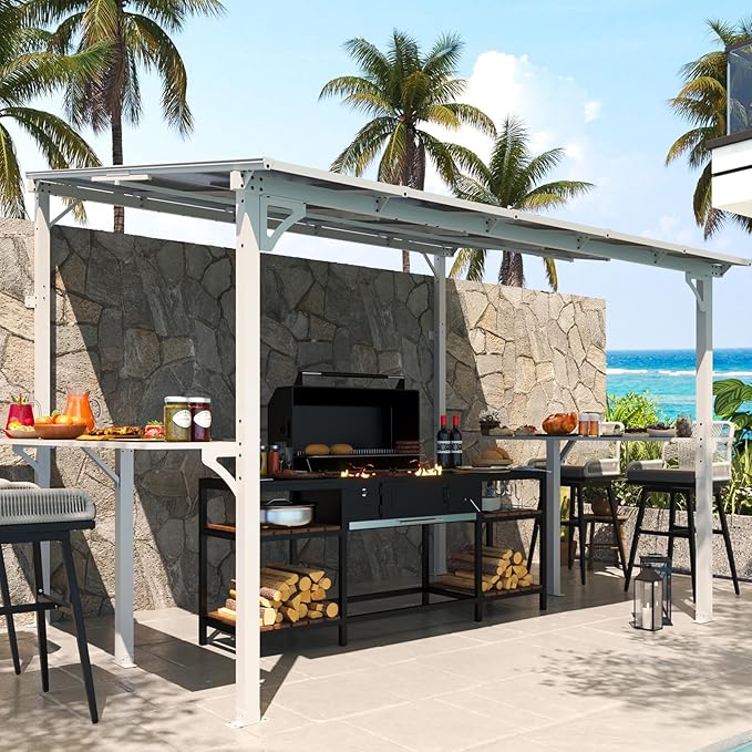 MEISSALIVVE 8' x 10' Wall Mounted Gazebo, Outdoor BBQ Grill Gazebo with Side Shelf, Lean to Metal Awnings with Sloped Roof, Heavy Duty Pergola for Backyard, Deck, White