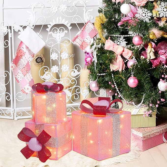 Set of 3 Lighted Gift Boxes, Plug-in 60 LED Light Up Pink Present Boxes for Christmas Decorations Indoor Home Wedding Holiday Birthday Party Porch (Pink Heart)