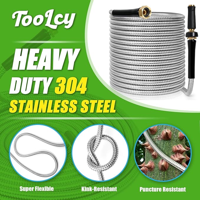 TOOLCY Metal Garden Hose 100 FT - 304 Stainless Steel Water Hose with Brass Nozzle - Heavy Duty, No Kink, Super Flexible, Durable Garden Hoses for Yard, Outdoor, Lawn