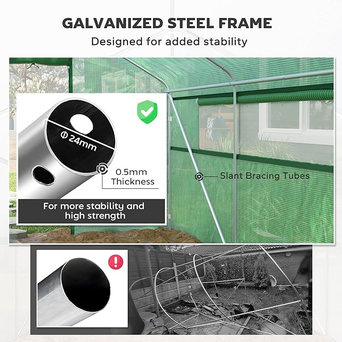 Outsunny 13' x 10' x 6.5' Hoop House Greenhouse with Large Windows and Zippered Door, Large Walk-in Tunnel Green House with Upgraded Galvanized Steel Frame, PE Cover, Gardening Plant Hot House, Green