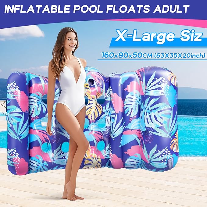 2025 New Pool Floats Adult, Inflatable Pool Lounge Floating Raft Chair with Adjustable Backrest Cup Holders for Swimming Pool Lake Beach Party, Tanning Floaties for Adults Heavy Duty