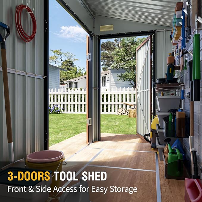 8x4 Ft Outdoor Storage Shed, Metal Garden Shed with Floor, Triple Lockable Doors & Vent, Multi-Used Shed for Backyard, Patio, Lawn and Tool & Bicycle Storage