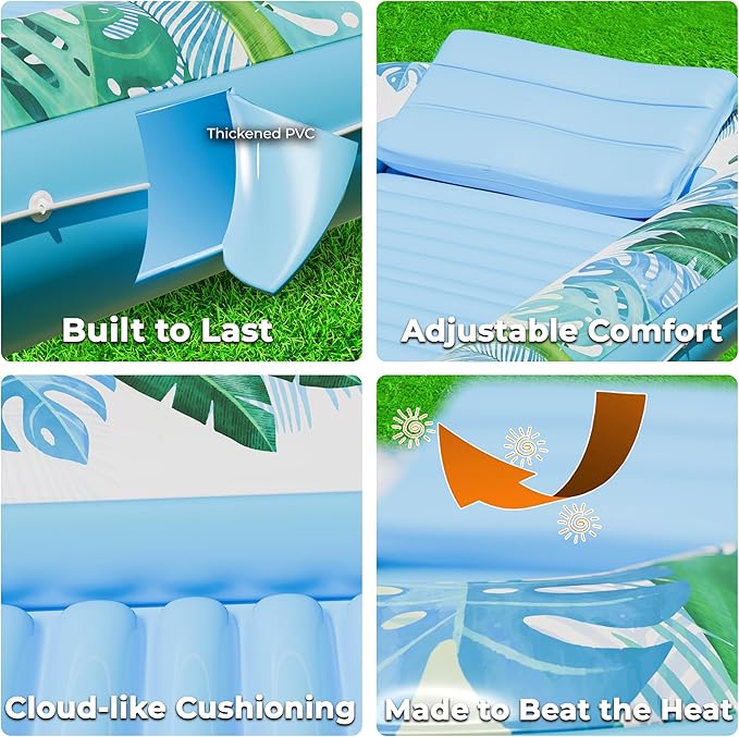 JAMBO Inflatable Tanning Pool Lounger Float, 70 x 47 Sun Tanning Pool Float with Pillow, Water Lounge Raft, Pool Floatie for Adults, Tanning Raft Pool Tub, Water Tanning Bed Kiddie Pool Tanning Floats