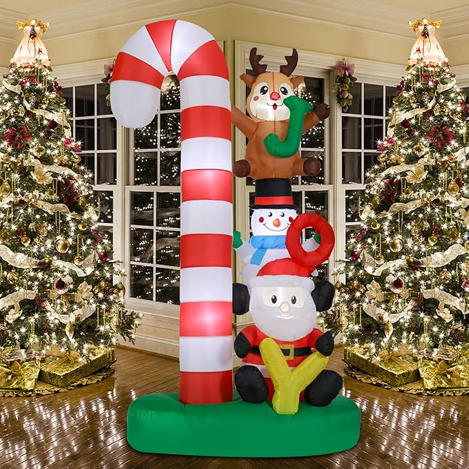 Christmas Inflatables Outdoor Decoration 8 FT Santa Claus Joy Reindeer Snowman Candy Cane Inflatable with LED Light Christmas Blow Up for Lawn Garden Holiday Party Yard Xmas Decor