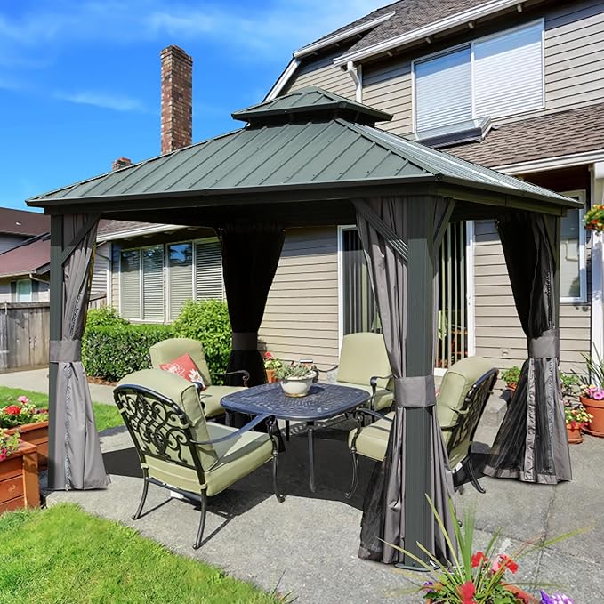 Domi 10’ x 10’ Hardtop Gazebo Metal Frame Canopy with Netting & Curtains, Outdoor Permanent Metal Pavilion with Galvanized Steel Double Roof for Patio Lawn and Garden, Gray