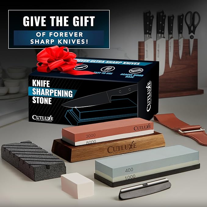 Cutluxe Whetstone Knife Sharpener – Sharpening Stone Kit, Professional 4 Side Grit 400/1000/3000/8000, Non Slip Acacia Wood Base, Angle Guide, Black Flattening Stone, Leather Strop