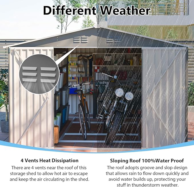 10x14 FT Outdoor Metal Storage Shed, Large Garden Shed Tool Shed with 3 Lockable Doors & Side Door, Waterproof Yard Building with 4 Air Vents for Backyard, Patio, Light Gray