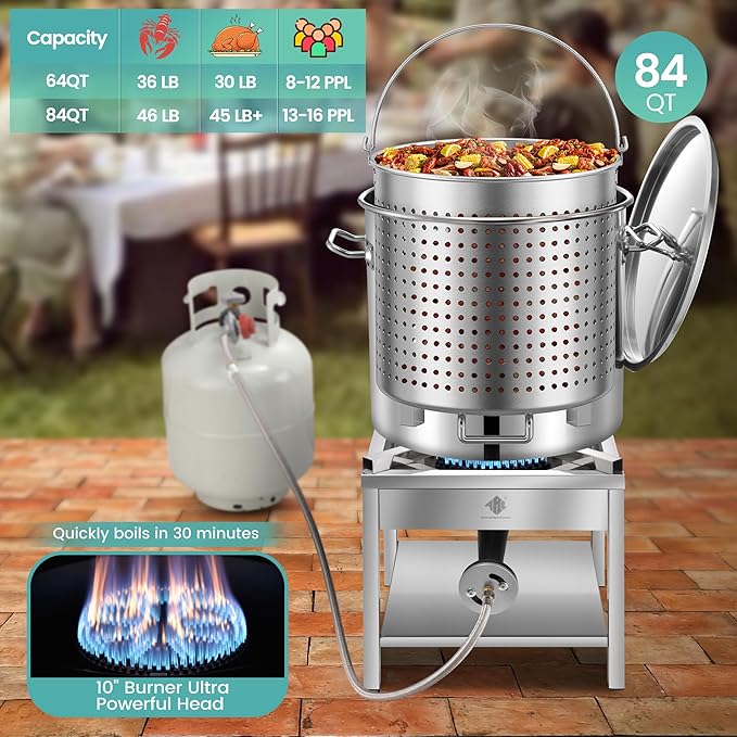 ARC 84QT Stainless Steel Seafood Boil Pot with 200,000BTU Propane Burner, w/Basket for Outdoor Deep Fryer, Large Cooking Pot for Turkey Fryer, Crab, Crawfish, Shrimp, Lobster Boiling Stock Pot