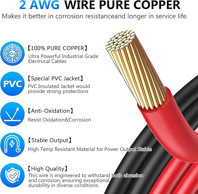 LEESKY 2 AWG Battery Cables 2 Gauge 1Feet Pure Copper Battery Inverter Cables 3/8 Inch Terminals for Golf Cart, Power Inverter, Solar, RV, Marine