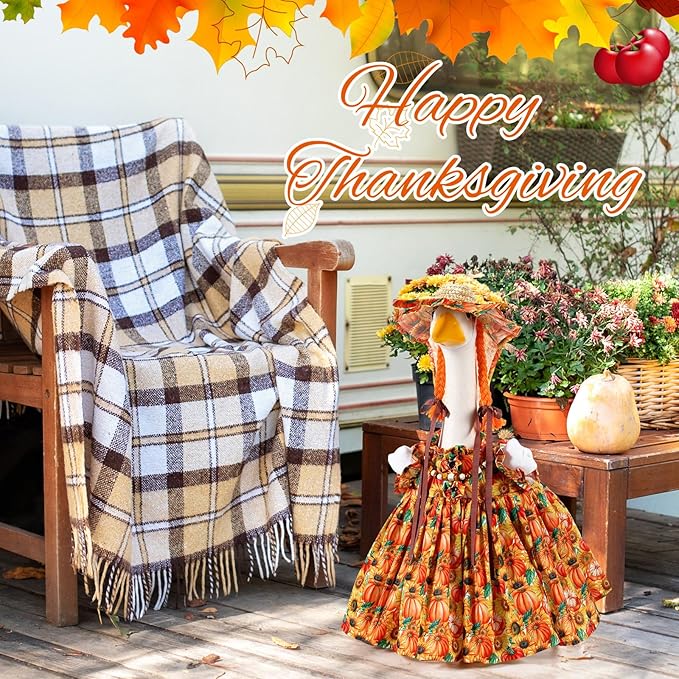 Fall Thanksgiving Goose Outfit Sunflower Porch Goose Costume with Hat Necklace for 23 Autumn Patio Yard Lawn Decor(Pumpkin,Sunflower)