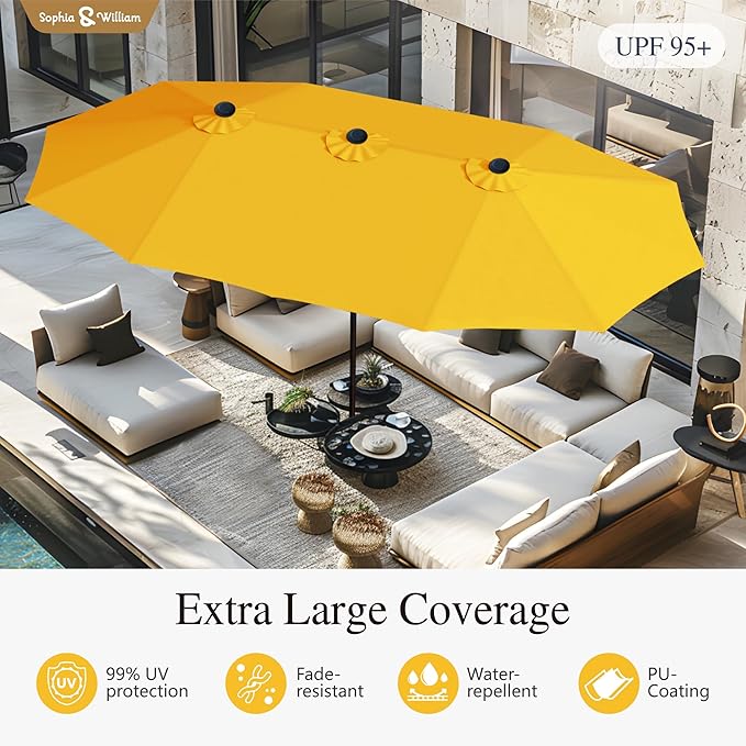Sophia & William 15 ft Extra Large Patio Umbrella with Base Included, Rectangular Outdoor Umbrella Heavy Duty, Market Umbrella Double-sided Fade Resistant for Pool Garden Backyard, Golden yellow