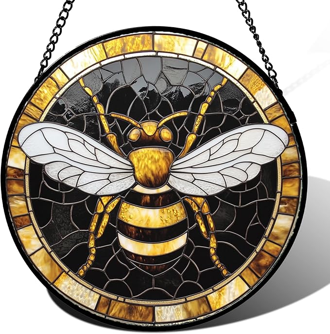 Stained Glass Window Hanging - Black Gold Bee White Wings Sun Catcher for Door Home Decor Insect Suncatcher Christmas Mother's Day Birthday Gifts for Women Men Lovers Mom Nana 6.3 in