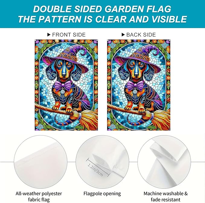 Happy Halloween Garden Flag 12x18 Inch Dachshund Witch Dog Flag Stained Glass Style Yard Banner Double Sided Halloween Outdoor Decorative Flag for Porch Lawn