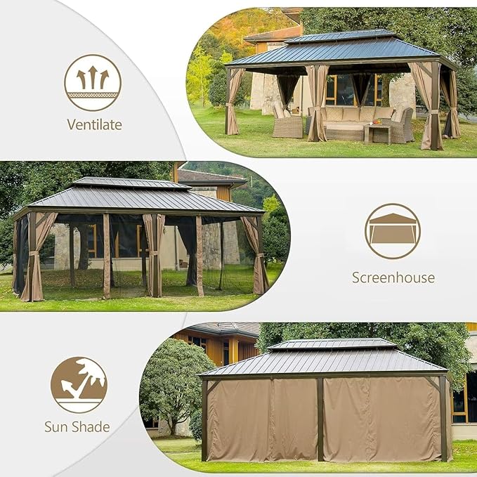 Domi 14'x22' Hardtop Gazebo Canopy,Outdoor Aluminum Gazebo with Galvanized Steel Double Roof,Large Permanent Gazebos Pavilion for Patio Deck Backyard,Curtain and Netting, Dark Brown
