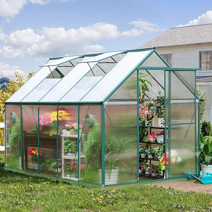 CDCASA 10x6 FT Outdoor Greenhouse, Aluminum Heavy Duty Polycarbonate Greenhouses w/Vent Window, Swing Door, Walk-in Green House for Outside, Backyard
