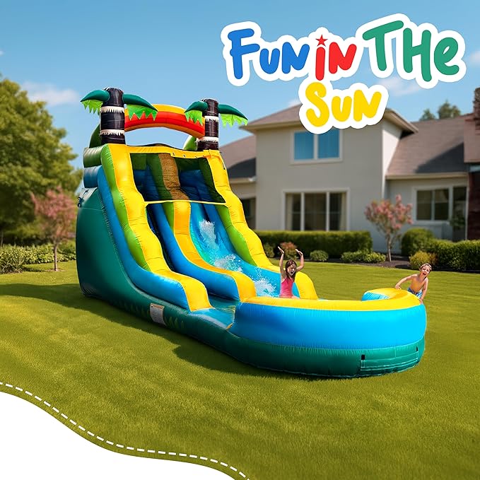 Inflatable Water Slide for Kids and Adults with Splash Pool, Commercial Grade Tropical Backyard Water Park with Slide, Outdoor Fun, Works with Water or Dry Play, 26ft x 9ft x 16ft - with Blower