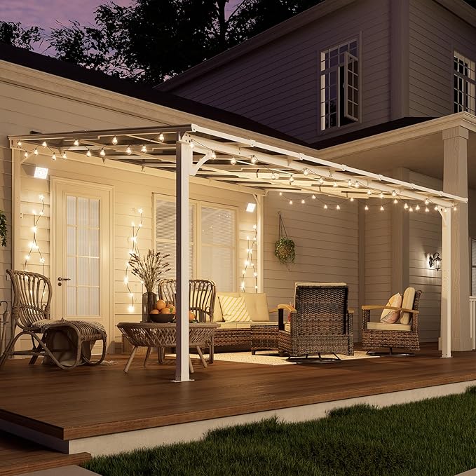 MEISSALIVVE 12' x 14' Wall Mounted Lean to Metal Awnings with Sloped Roof, Outdoor Patio Gazebo Awning for Backyard, Deck, White
