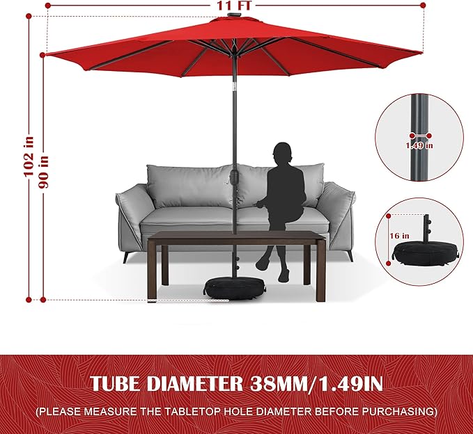 Sundale Outdoor 11 ft Patio Umbrella with Sand Bag Umbrella Base Included, Outdoor Umbrella with Tilt and Crank, Red