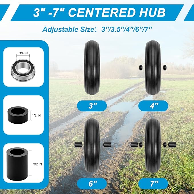 Cenipar 4.80/4.00-8" Flat Free Tire and Wheel 14.5" Solid Flat-Free Replacement Tire with 5/8" or 3/4" Axle Borehole,3-7" Adjustable Centered Hub for Wheelbarrow Hand Truck Garden Trailer and Trolley