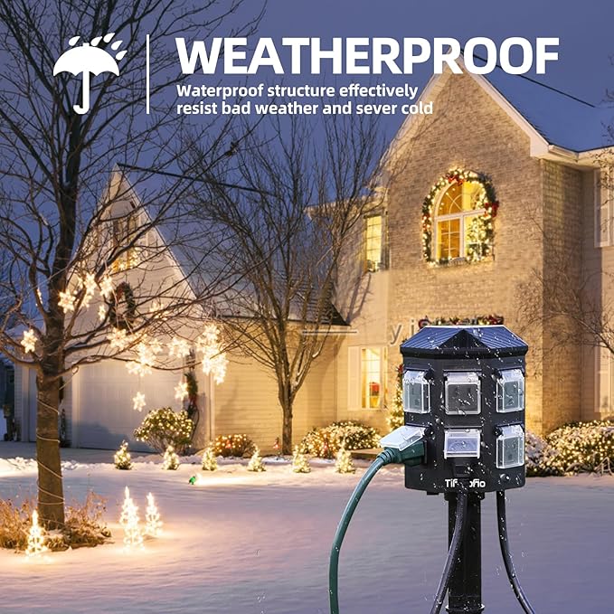 TiFFCOFiO Outdoor Power Strip Weatherproof, 25 FT Extension Cord with Stake, 6 Grounded Outlets for Halloween/Christmas Decorations and Inflatables, 15A/1875W, ETL Listed
