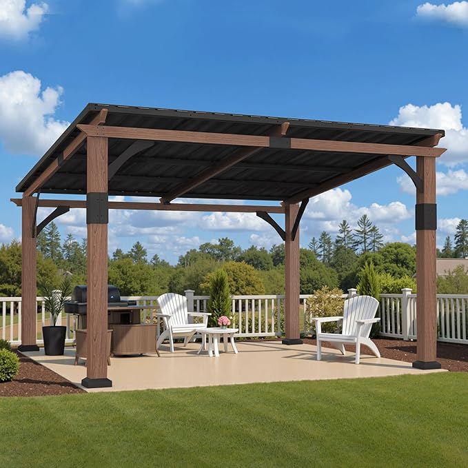 Macrout 10'x12' Outdoor Gazebo, Heavy Duty Pergola with Sloped Metal Roof and Aluminum Frame, Permanent Gazebos for Patio, Decks, Backyard, Garden, 4718 (10'x12')