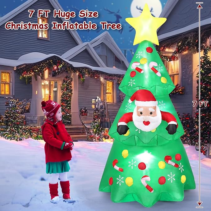Dremisland 7FT Christmas Tree Inflatables Outdoor Decoration LED Light Up Christmas Inflatable Tree with Santa Blow Up Yard Decorations Outdoor Christmas Holiday Party Yard Garden Lawn Decoration