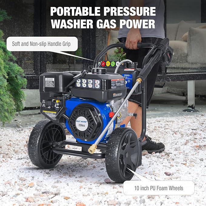 BILT HARD Gas Pressure Washer, 3500 PSI 2.5 GPM, Gas Powered Pressure Washer with Copper Pump, Spray Gun and Extension Wand, 5 Quick Connect Nozzles, for Cleaning Cars, Homes, Driveways, Patios