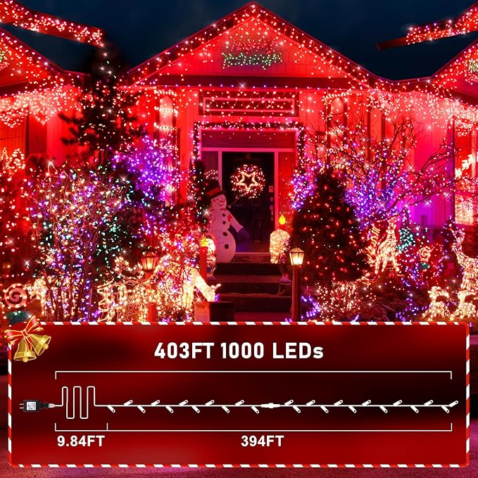 KNONEW 403ft 1000 LED String Lights Outdoor Christmas Lights 8 Modes & Timer Fairy Light Plug in Waterproof LED String Lights for Xmas Yard Tree Wedding Party Holiday Decorations (Red)