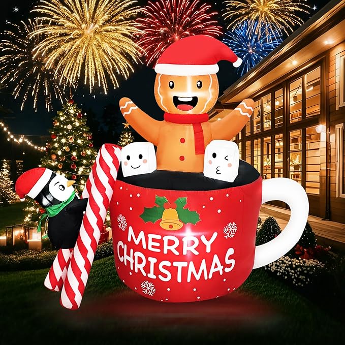 6FT Christmas Inflatables Outdoor Decorations, Navidad Blow Up Gingerbread Swiming in Hot Cocoa Mug Scene with Penguin Built in LED for Garden Lawn Xmas Decor Party
