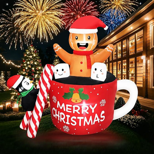 6FT Christmas Inflatables Outdoor Decorations, Navidad Blow Up Gingerbread Swiming in Hot Cocoa Mug Scene with Penguin Built in LED for Garden Lawn Xmas Decor Party
