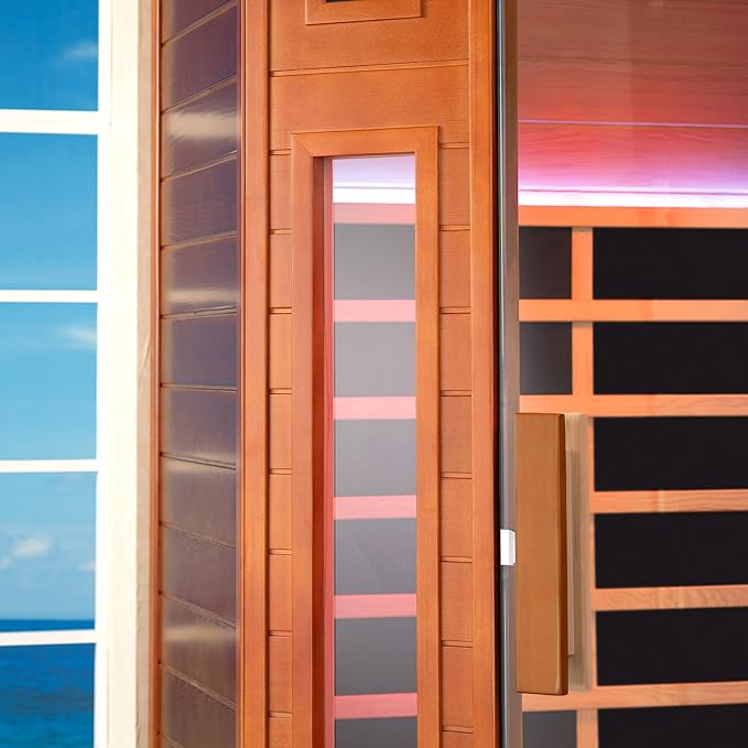 Woodbridge Infrared Sauna Room 2 Person Hemlock Wood Indoor Corner Sauna with 7 Carbon Heaters, Red Light Therapy,Bluetooth Speaker,Intelligent Dual Control System,Tempered Glass,Exterior Brim Light
