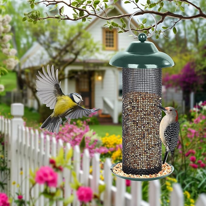 FEED GARDEN 2 Pack Bird Feeders for Outdoors Hanging Finch Feeder for Nyjer Thistle Seed Metal Mesh Tube Feeders Squirrel Proof 0.5 LB Green