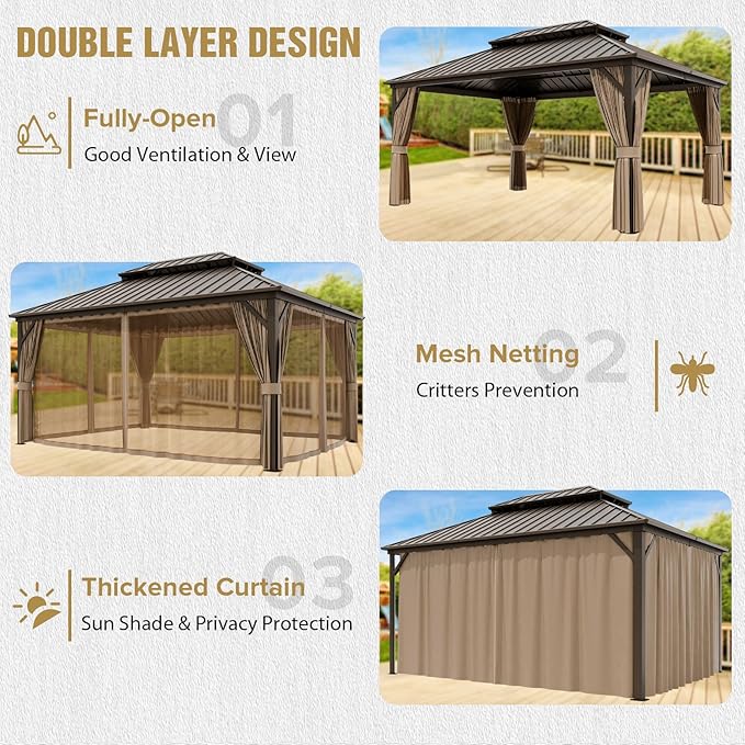 COOS BAY 12x16 Hardtop Gazebo with Aluminum Frame, Galvanized Steel Double Roof Outdoor Pavilion with Netting and Curtains, Dark Brown/Tan