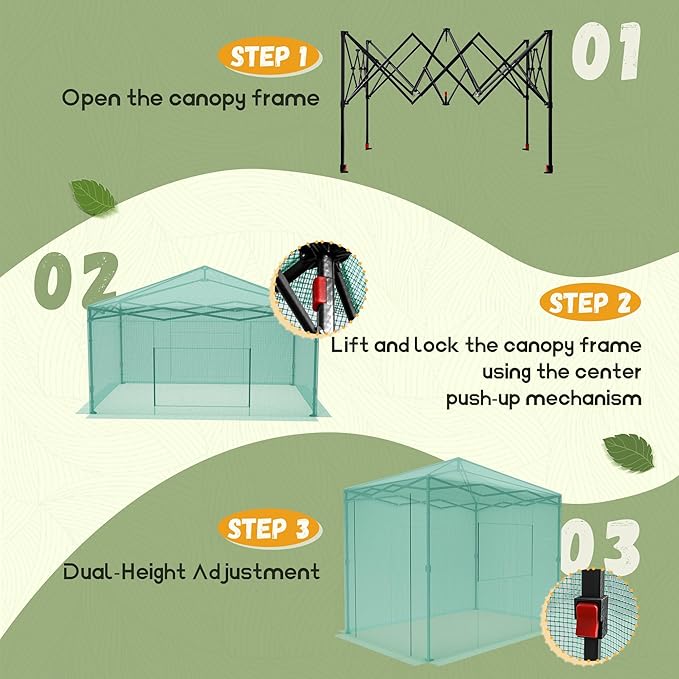 Devoko Walk-in Greenhouse, Instant Pop Up Green House for Outdoors with Zippered Door and 2 Roll-up Windows, PE Cover, Portable and Easy Assemble (Green, 8x6 Feet)