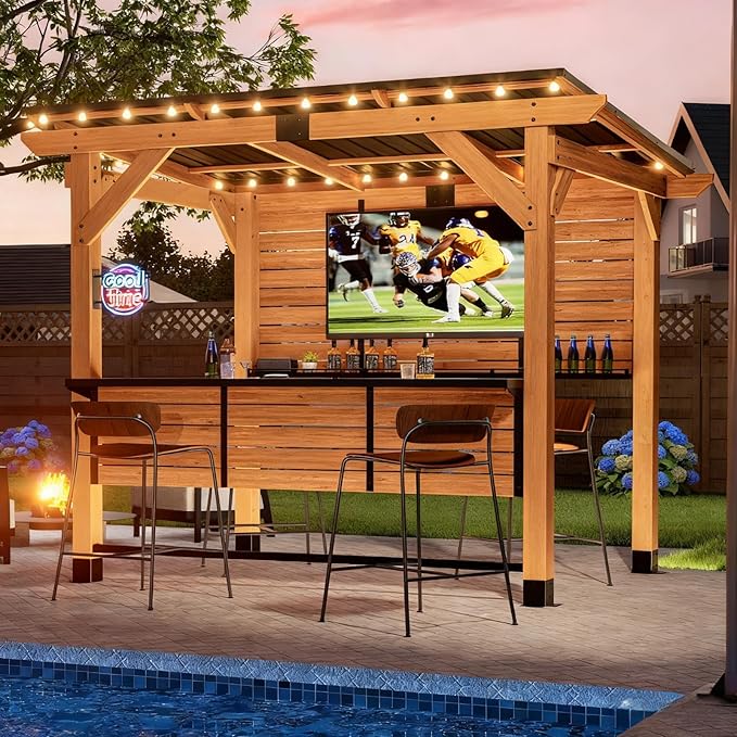 6x8FT Cedar Wood Entertainment Bar Center - Modern Outdoor Bar Gazebo with Galvanized Steel Roof & TV Support Bracket, Backyard Hub with Shelves for Gatherings, Parties, Grilling & Leisure