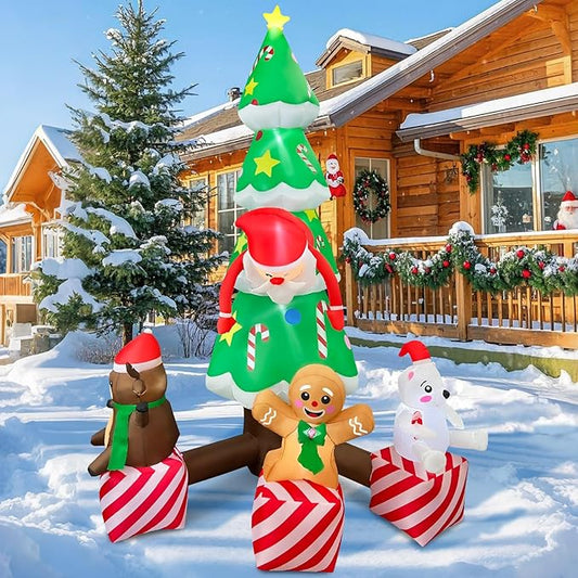 2025 Inflatable Christamas Tree 8FT Christmas Tree nflatables Combined with Santa Claus and Friends Christamas Tree Blow Up Outdoor Yard Decor Built-in 9 LEDs for Party Yard Garden Lawn