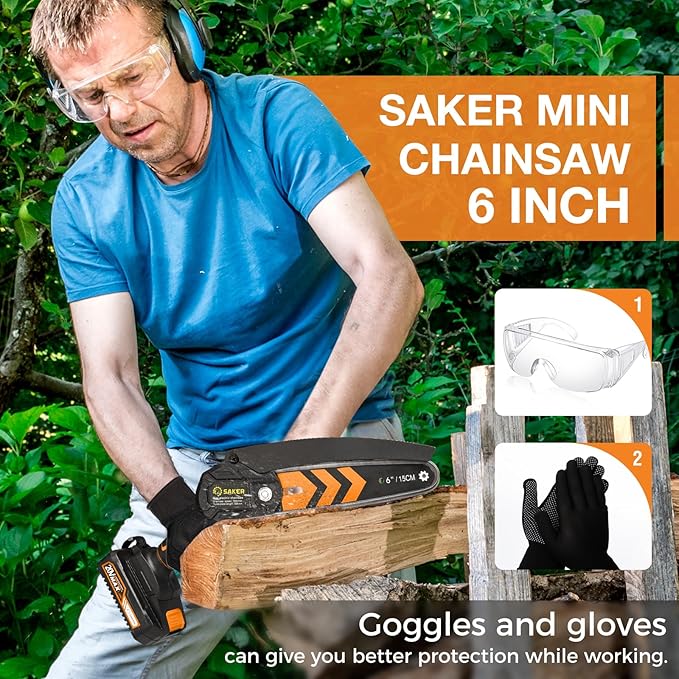 Saker Mini Chainsaw,6 Inch Portable Electric Chainsaw Cordless, Small Handheld Chain saw for Tree Branches,Courtyard, Household and Garden(SK1806D-O)