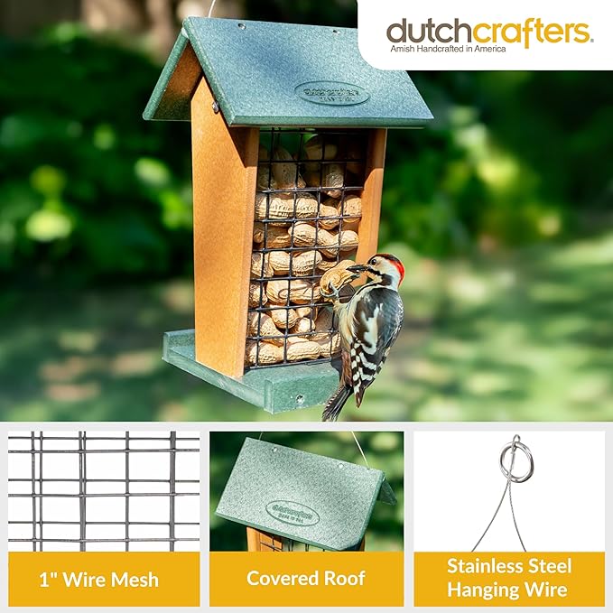DutchCrafters Plastic Poly Hanging Whole Peanut Bird Feeder for Large Birds, Woodpeckers, Crows, Blue Jays for Outdoor, Garden, Yard - USA Amish Made (Turf Green & Cedar)